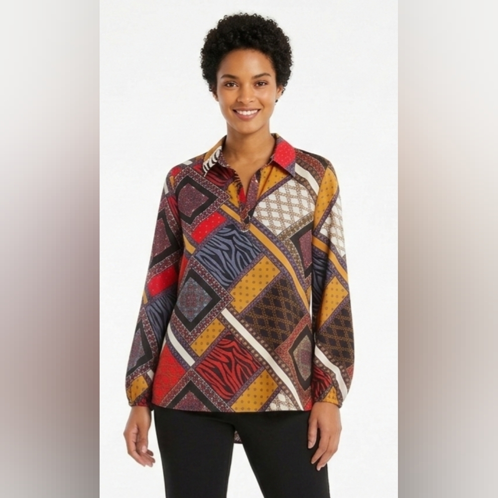 Andrew Marc Marc NY Multi-Print Collared Long-Sleeve Blouse Size L